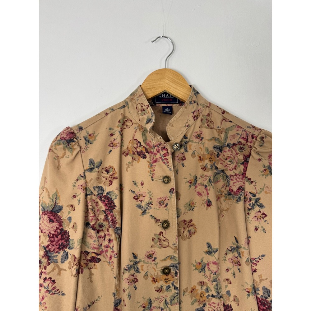 Cottagecore Chaps Denim Womens Sm Jacket Tan Floral Puff Sleeve Mandarin Collar - Picture 7 of 8